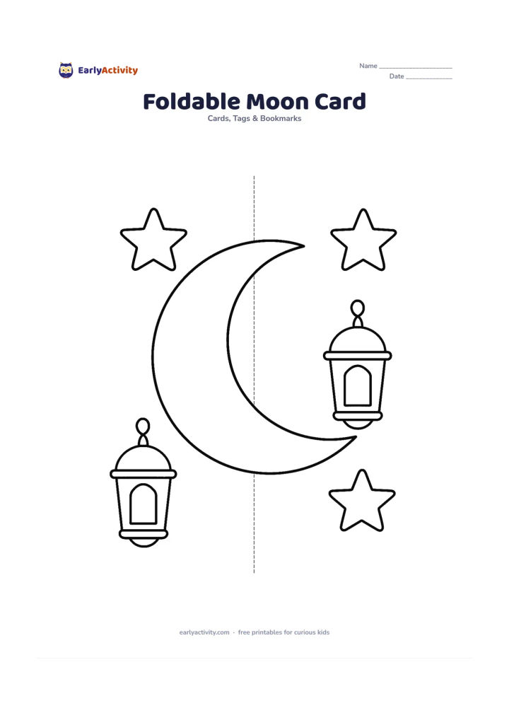 Worksheet: A symmetrical card front has a large crescent moon split across the centre fold, with matching stars and lanterns on both sides. Show a faint vertical fold guide without any writing.