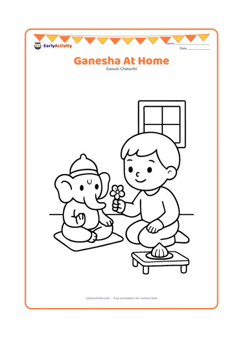 Colouring page: A child sits on a floor mat beside a small Ganesha idol, offering one flower. Include a low table with a modak and a simple window in the background.