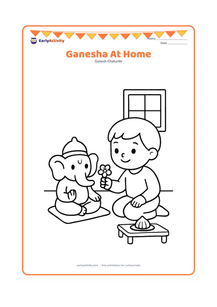Colouring page: A child sits on a floor mat beside a small Ganesha idol, offering one flower. Include a low table with a modak and a simple window in the background.
