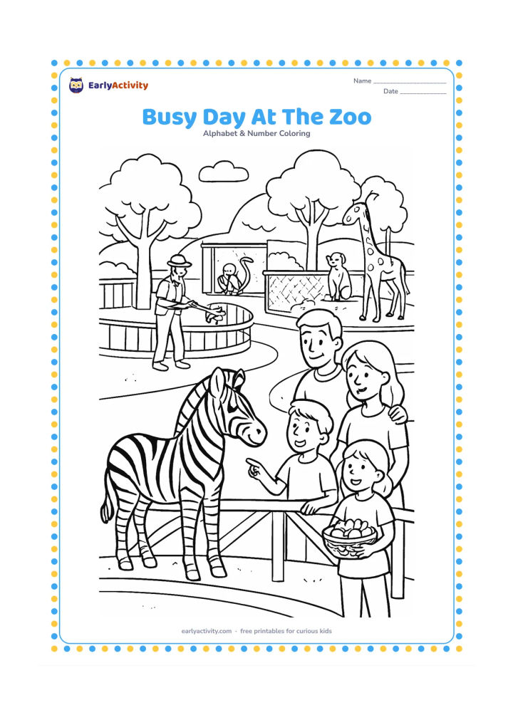 Colouring page: Draw a lively zoo scene with a family viewing a zebra, a keeper checking a nearby enclosure and children watching monkeys in the distance. Include layered fences, shade trees, a snack…