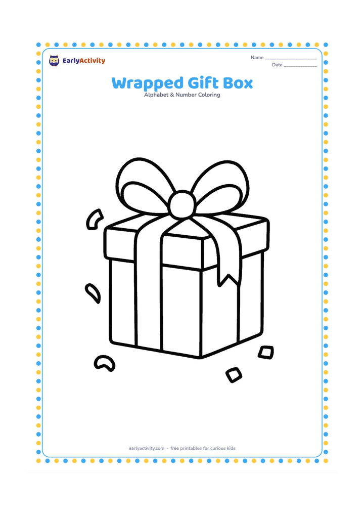 Colouring page: A single square gift box with a large bow sits on the floor, with a few simple confetti shapes around it. Do not include any writing on the present.