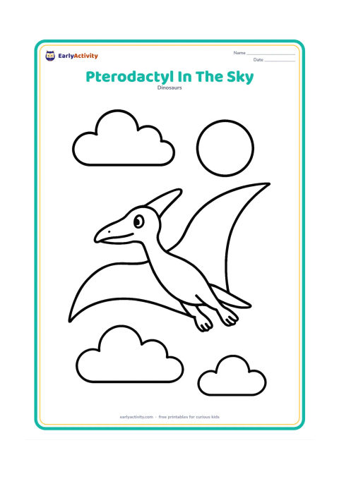 Colouring page: Draw one friendly pterodactyl gliding with wide wings across an open sky, with two large fluffy clouds and a round sun behind it. Keep the animal and sky shapes large and uncluttered.