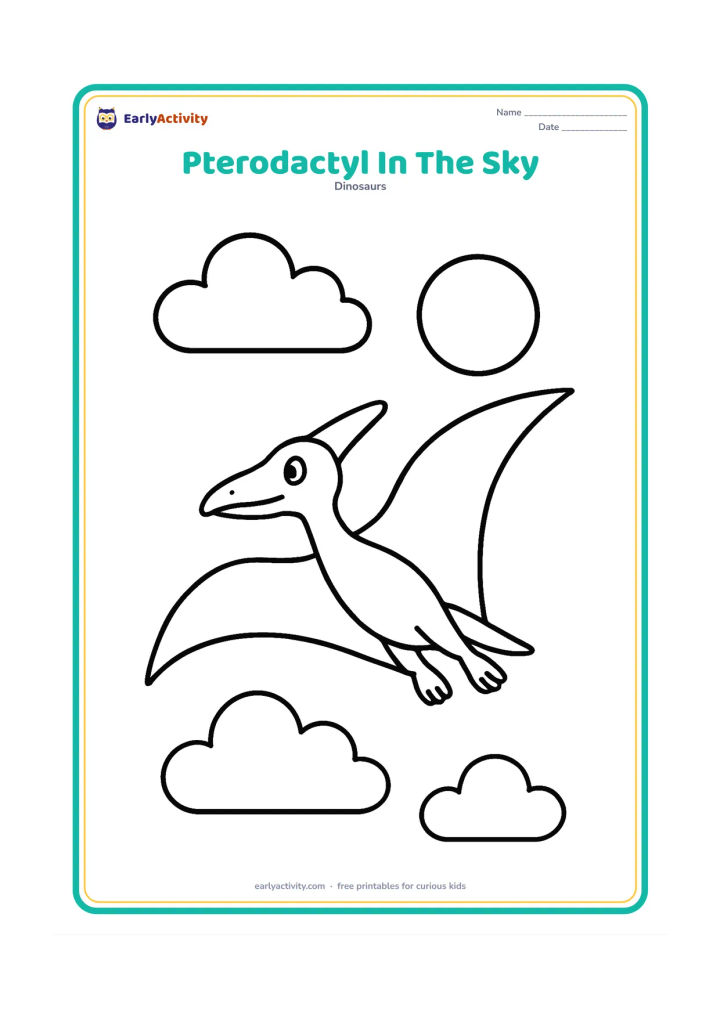 Colouring page: Draw one friendly pterodactyl gliding with wide wings across an open sky, with two large fluffy clouds and a round sun behind it. Keep the animal and sky shapes large and uncluttered.