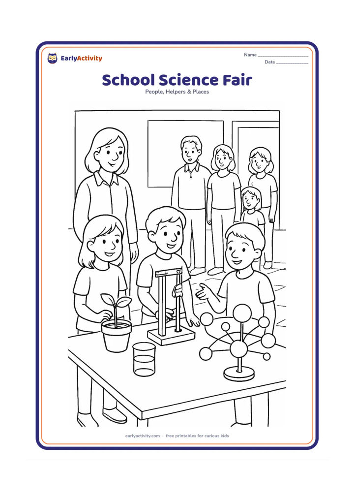 Colouring page: Three children present a safe science display at tables: a plant growth experiment, a simple pulley model and a solar system made of plain spheres. A teacher observes while families look…
