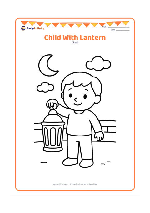 Colouring page: Draw a child standing outdoors and holding a large decorative lantern by its handle. Add a simple moon, two clouds, and a low wall behind the child.