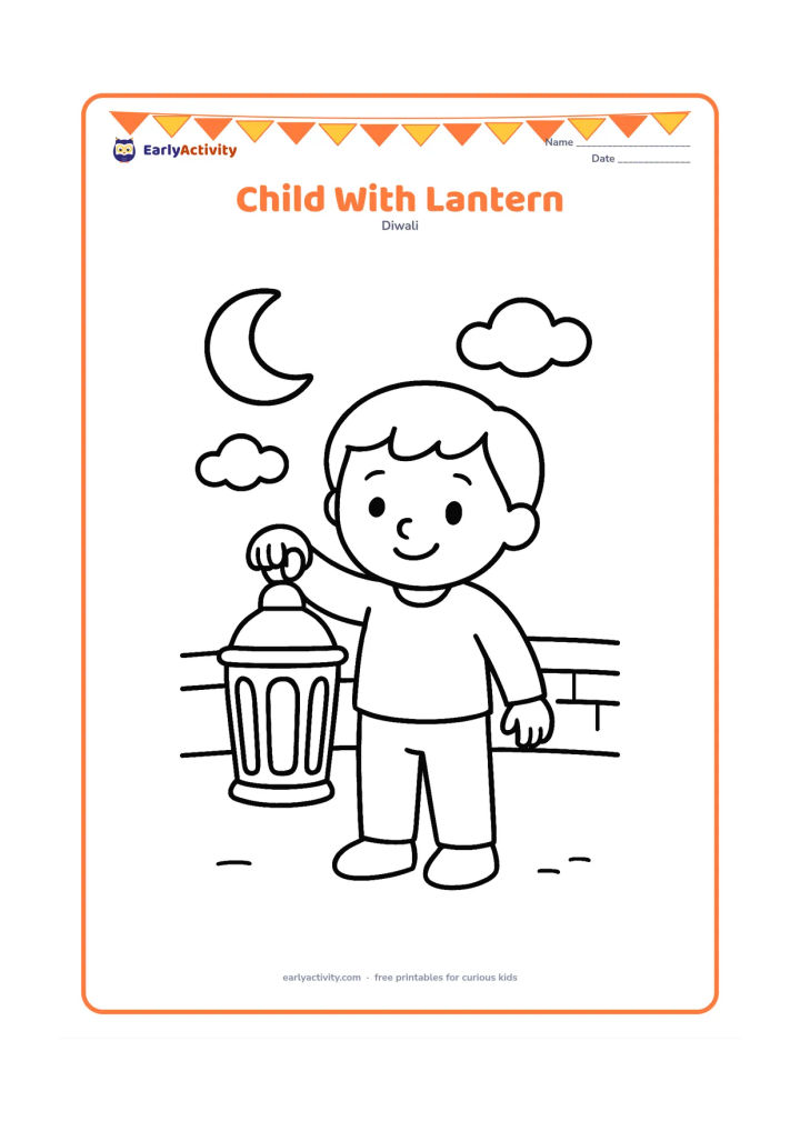 Colouring page: Draw a child standing outdoors and holding a large decorative lantern by its handle. Add a simple moon, two clouds, and a low wall behind the child.