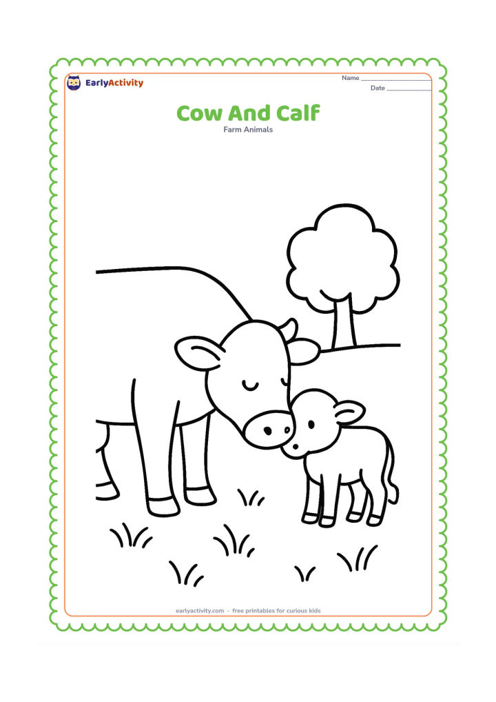 Colouring page: A mother cow gently lowers her head toward a calf standing beside her. Place them in a grassy field with one rounded tree in the background.