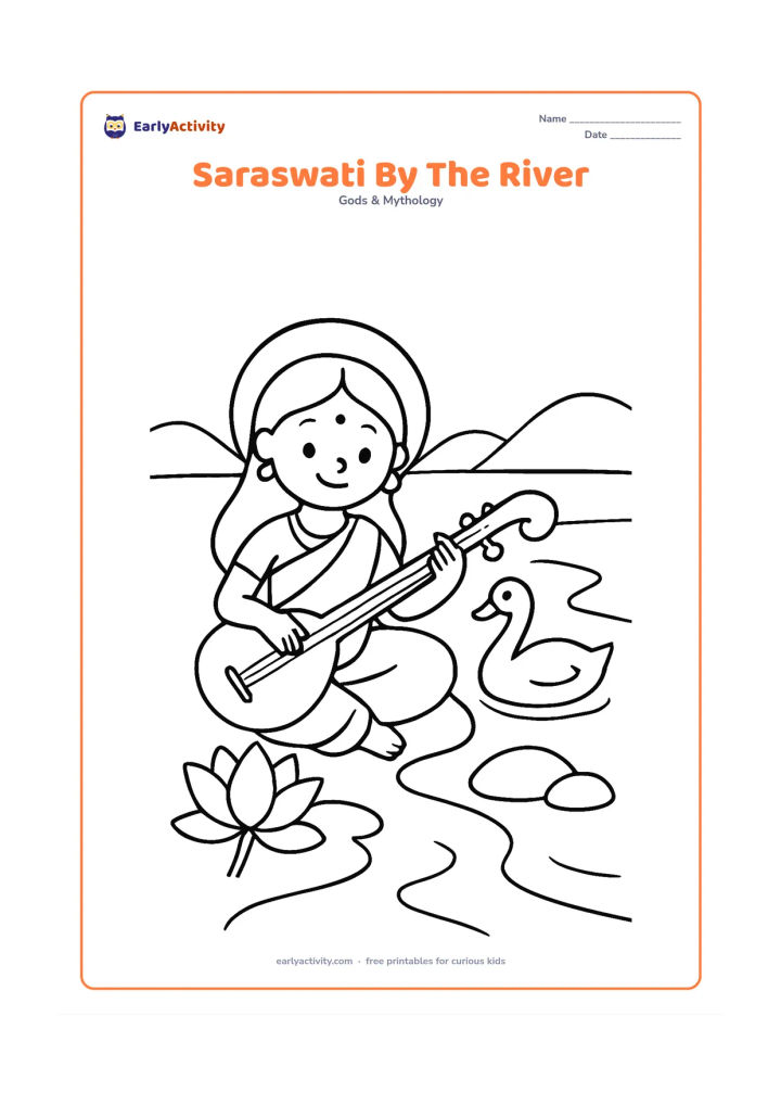 Colouring page: Saraswati sits near a calm river with her veena beside her, while a swan floats on the water. Add a large lotus, two smooth rocks, and distant rounded hills.