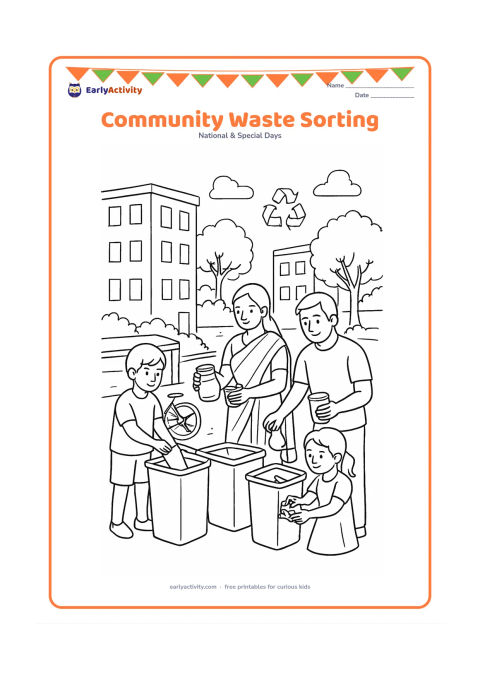 Colouring page: Draw an Indian neighbourhood collection area where children and adults sort clean paper, glass jars, metal cans and food scraps into separate plain containers. Include a handcart,…
