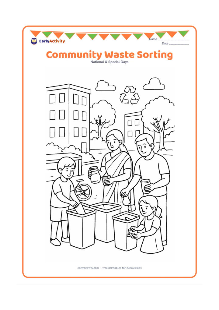 Colouring page: Draw an Indian neighbourhood collection area where children and adults sort clean paper, glass jars, metal cans and food scraps into separate plain containers. Include a handcart,…