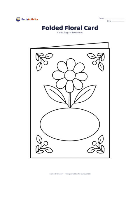 Worksheet: Show the outside of a foldable card as a front cover with a large central flower, leafy corners and a wide blank oval panel. Add a subtle vertical fold guide away from the artwork, but…