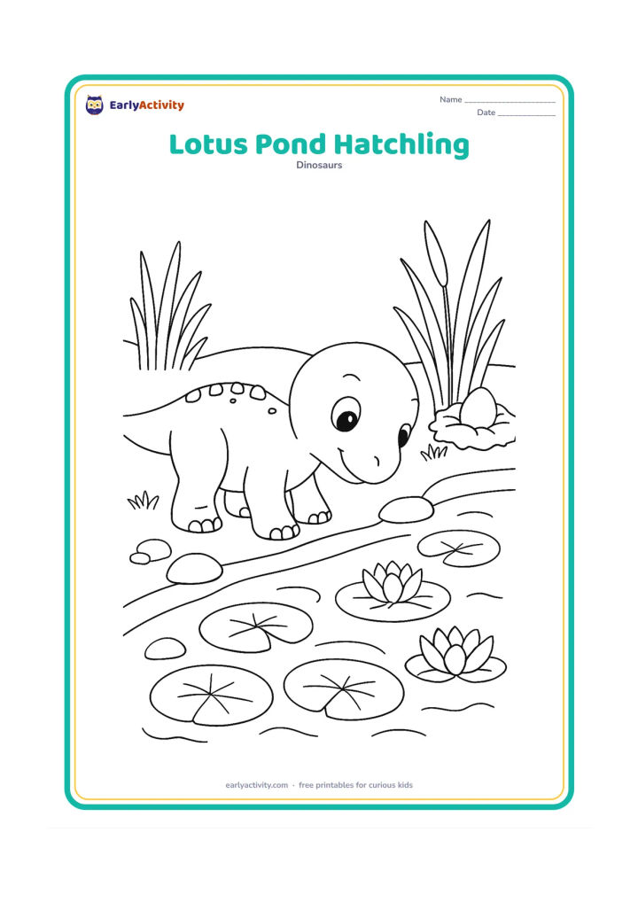 Colouring page: Draw a baby dinosaur bending toward a shallow pond with floating lotus leaves and flowers. Include smooth stones, tall reeds and a small nest on the far bank.