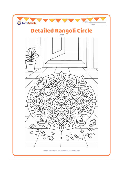 Colouring page: A large circular rangoli fills the page with layered petals, paisley shapes, dots, leaves and four small diya motifs around its edge. Place it on a patterned floor just inside an Indian…