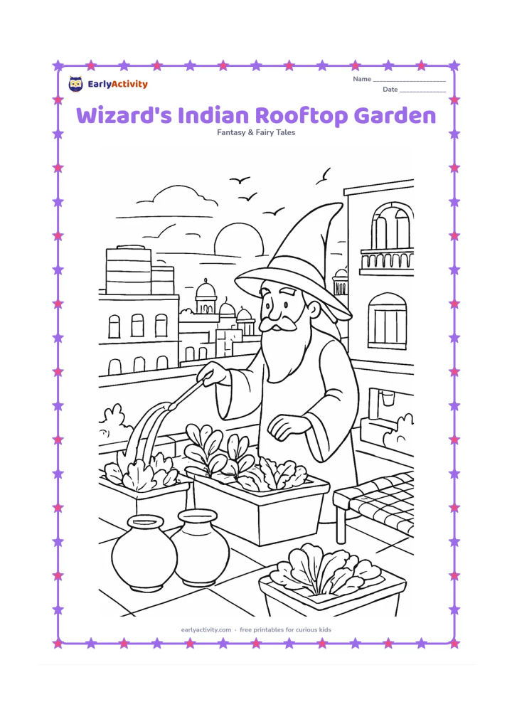 Colouring page: A wizard tends a rooftop garden in an Indian city at sunset, using a wand to guide water into planters. Include clay pots, leafy vegetables, a charpai, rooftop water tanks, neighbouring…