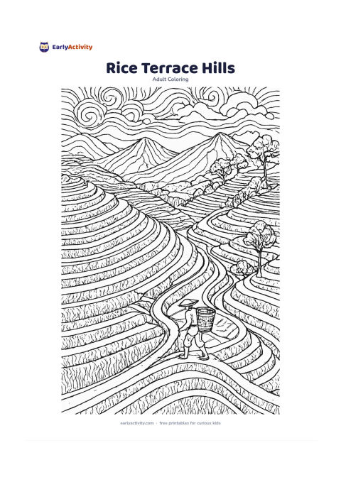 Colouring page: Layered rice terraces climb green hills toward distant mountains, with a narrow footpath, irrigation channels, a farmer carrying a basket and a few trees along the ridge. Show the…