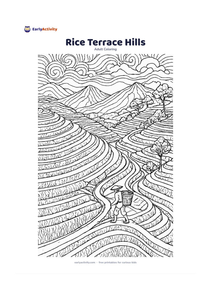 Colouring page: Layered rice terraces climb green hills toward distant mountains, with a narrow footpath, irrigation channels, a farmer carrying a basket and a few trees along the ridge. Show the…