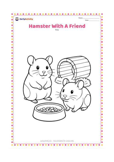 Colouring page: Two friendly hamsters sit together beside a wide food dish and a wooden tunnel, with separate small bedding nests behind them. Give the hamsters different body markings and poses.