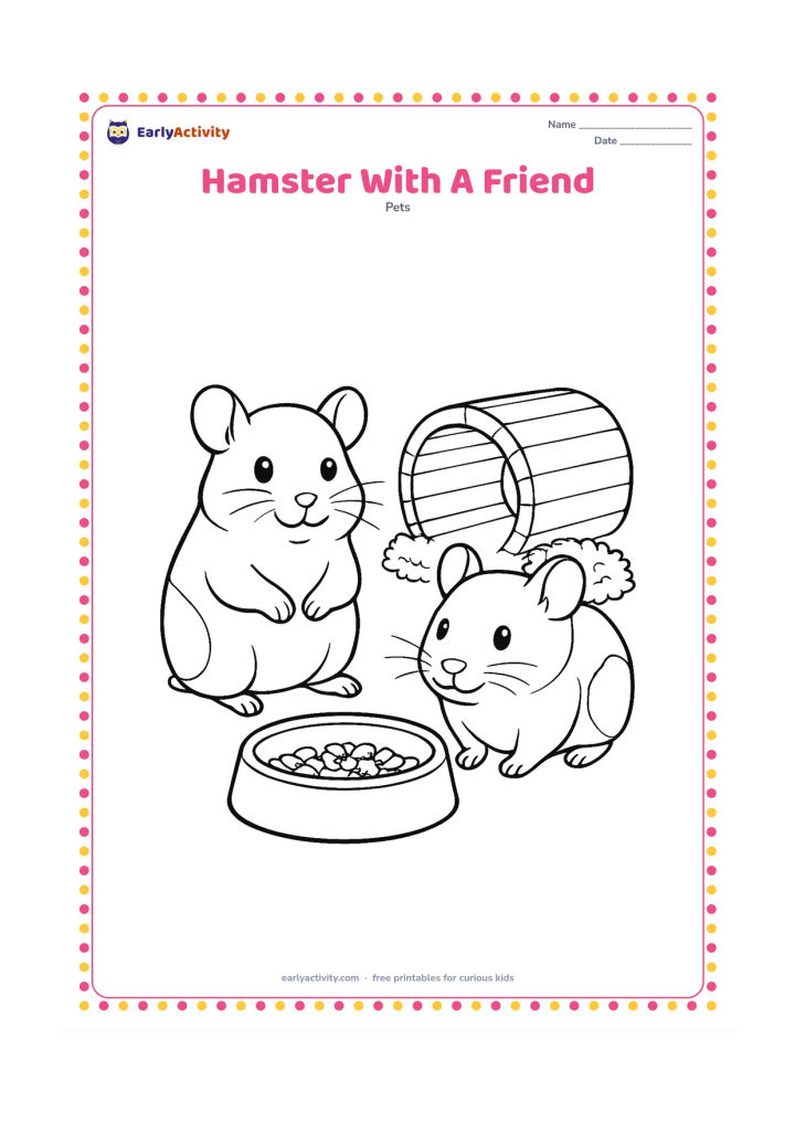 Colouring page: Two friendly hamsters sit together beside a wide food dish and a wooden tunnel, with separate small bedding nests behind them. Give the hamsters different body markings and poses.