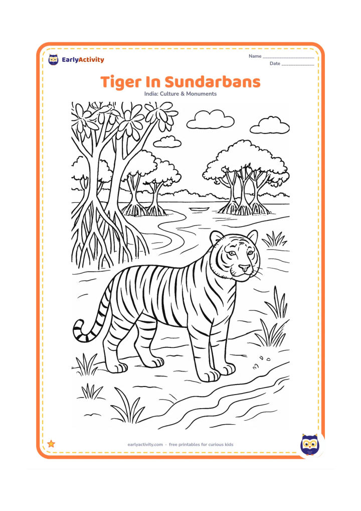 Colouring page: Draw a Bengal tiger standing on a muddy riverbank in the Sundarbans, with mangrove roots, grasses, a winding creek and distant mangrove trees. A small boat may appear far in the…