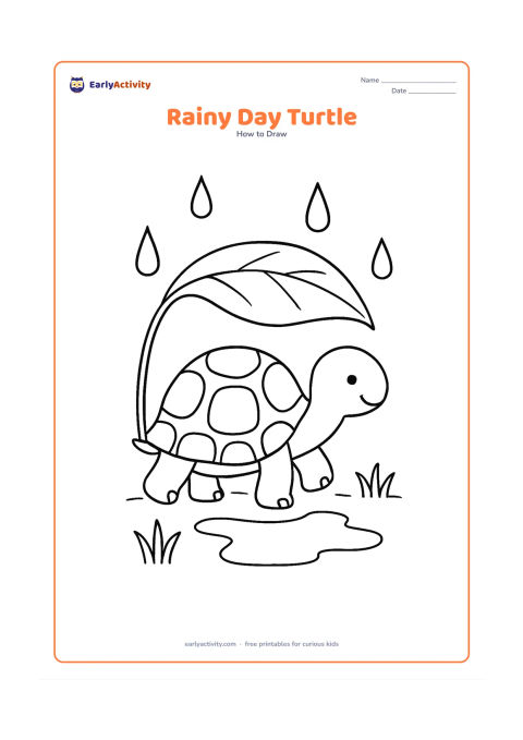 Worksheet: Draw a turtle walking under a large leaf like an umbrella during a light rain shower. Add three large raindrops, a puddle and two simple grass clumps.