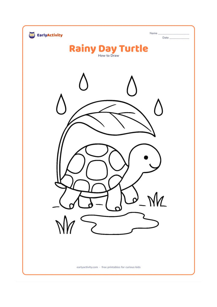 Worksheet: Draw a turtle walking under a large leaf like an umbrella during a light rain shower. Add three large raindrops, a puddle and two simple grass clumps.