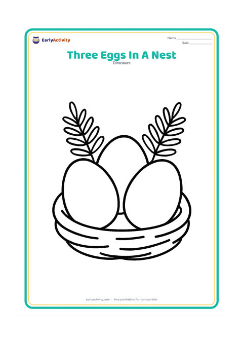Colouring page: Three large oval dinosaur eggs sit together in a round nest made from broad curved twigs. Place two simple fern fronds behind the nest.