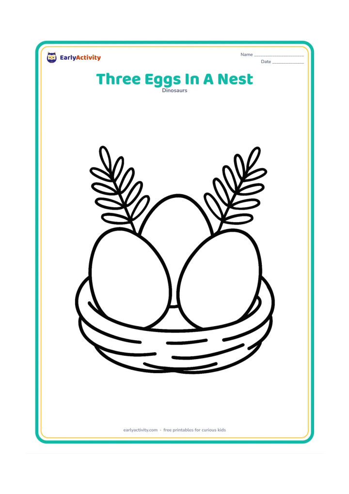 Colouring page: Three large oval dinosaur eggs sit together in a round nest made from broad curved twigs. Place two simple fern fronds behind the nest.