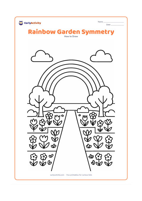 Worksheet: A centred rainbow rises over a formal garden divided into matching left and right halves, with symmetrical flower beds, trees, paths and cloud shapes. Add a faint central construction…
