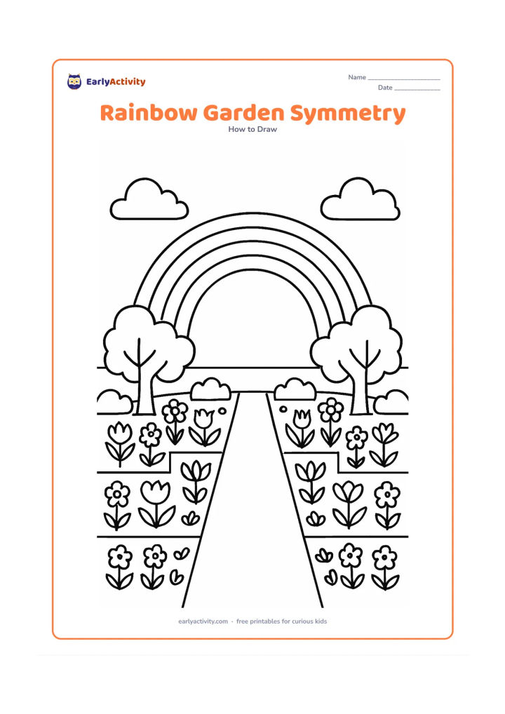 Worksheet: A centred rainbow rises over a formal garden divided into matching left and right halves, with symmetrical flower beds, trees, paths and cloud shapes. Add a faint central construction…