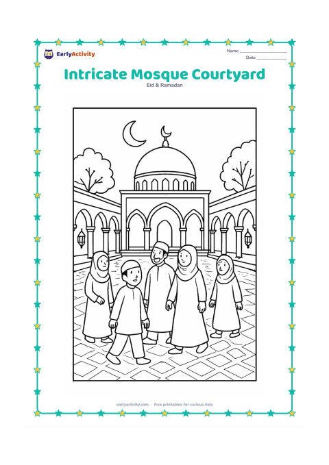 Colouring page: Show a spacious mosque courtyard with arched colonnades, patterned floor tiles, a domed building, trees, lanterns, and several people arriving for Eid prayer. Include a crescent moon…