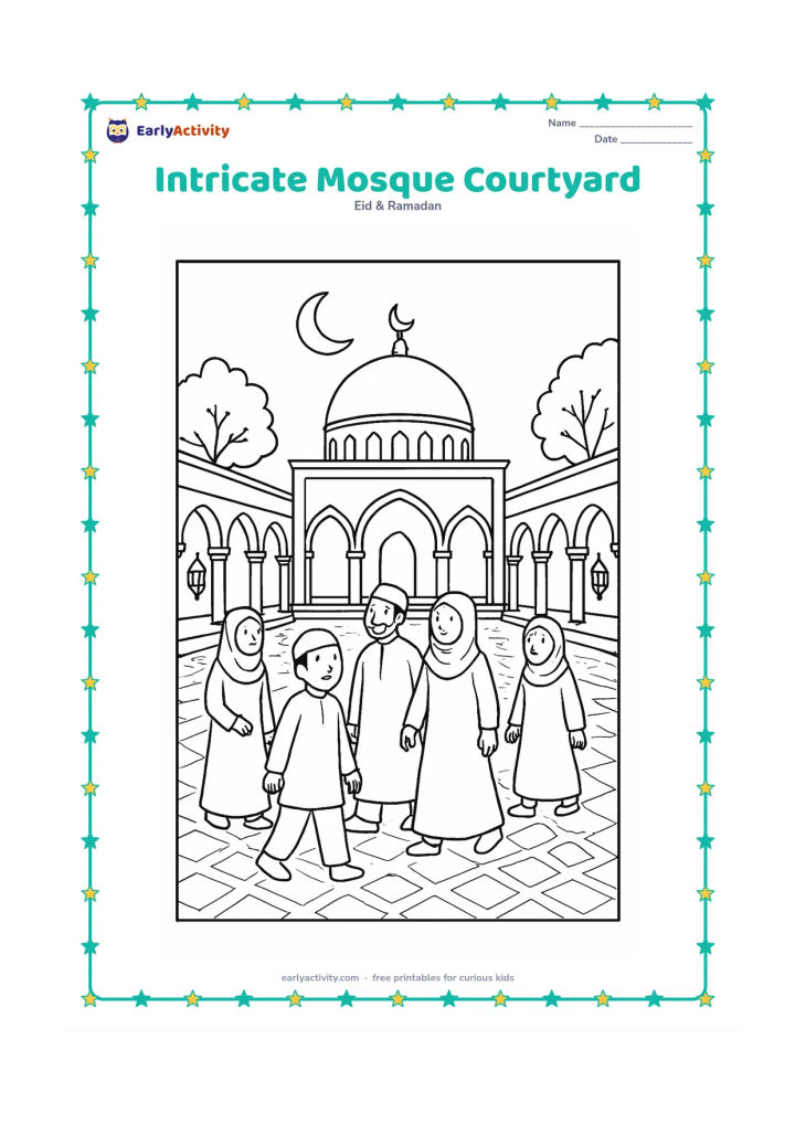 Colouring page: Show a spacious mosque courtyard with arched colonnades, patterned floor tiles, a domed building, trees, lanterns, and several people arriving for Eid prayer. Include a crescent moon…