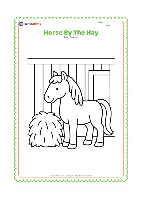 Colouring page: A calm horse stands beside one large bundle of hay in a barn, with a simple wooden wall and a small open doorway. Include a large, easy-to-see mane and tail.
