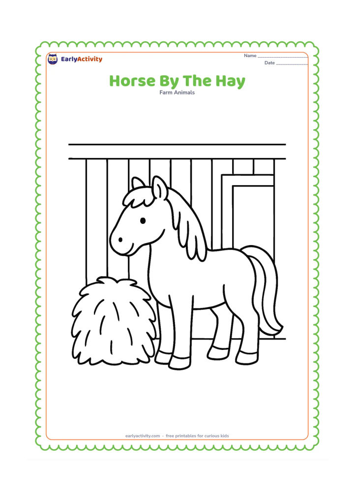 Colouring page: A calm horse stands beside one large bundle of hay in a barn, with a simple wooden wall and a small open doorway. Include a large, easy-to-see mane and tail.
