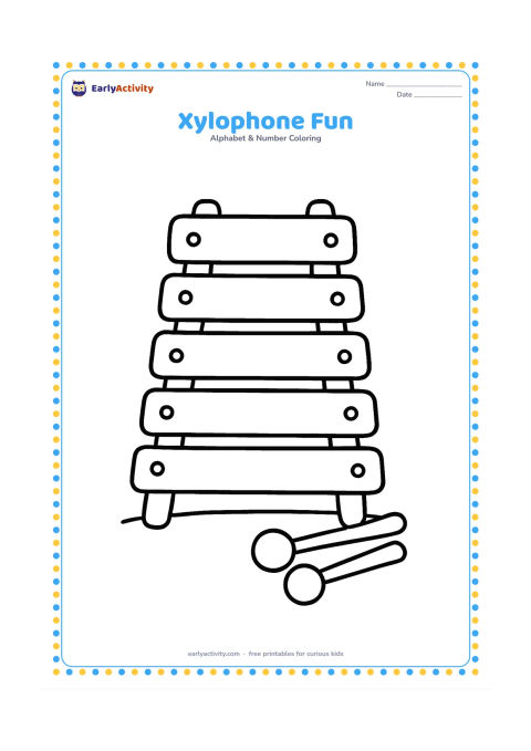 Colouring page: Draw a large xylophone with wide, separated bars and two chunky mallets beside it. Add only a small ground line beneath the instrument.