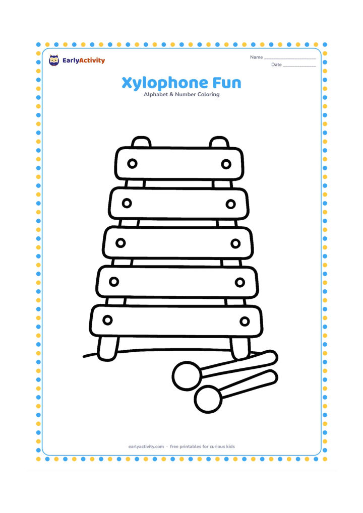 Colouring page: Draw a large xylophone with wide, separated bars and two chunky mallets beside it. Add only a small ground line beneath the instrument.