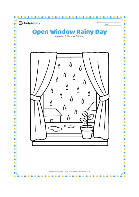 Colouring page: Draw an open window with curtains blowing inward, raindrops outside, and a small potted money plant on the sill. Show rooftops and puddles in the distance without signs or text.