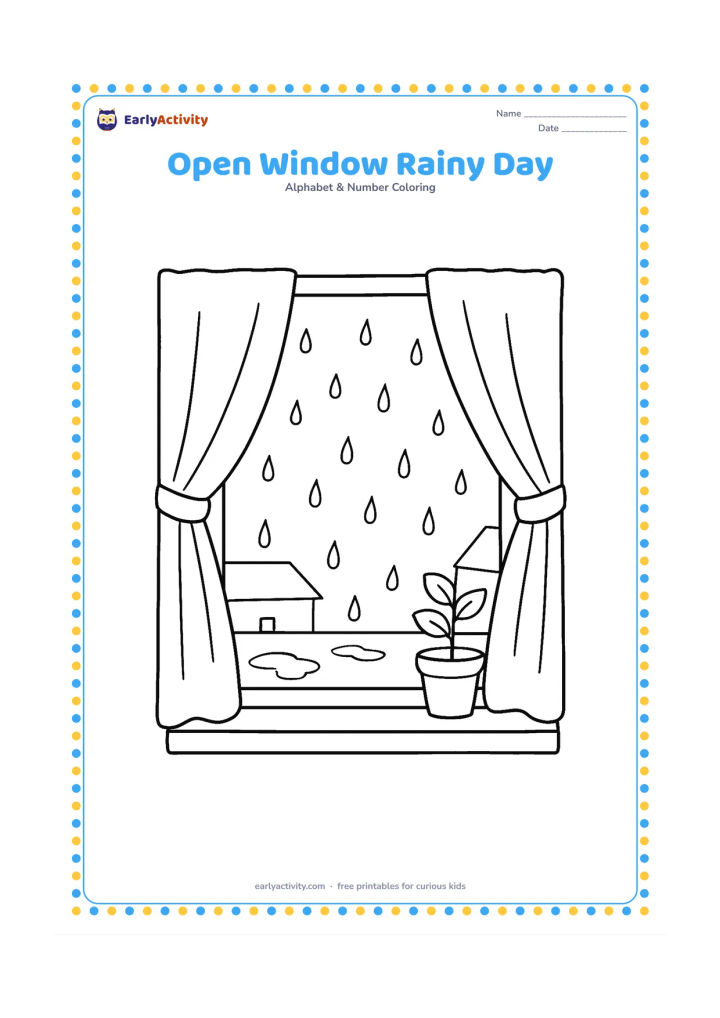 Colouring page: Draw an open window with curtains blowing inward, raindrops outside, and a small potted money plant on the sill. Show rooftops and puddles in the distance without signs or text.