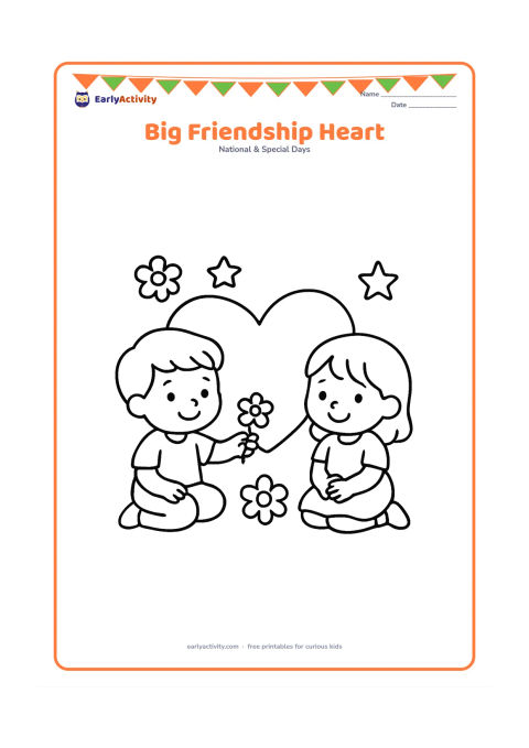 Colouring page: Two smiling children sit beside a large heart-shaped outline surrounded by simple flowers and stars. One child offers the other a small flower.