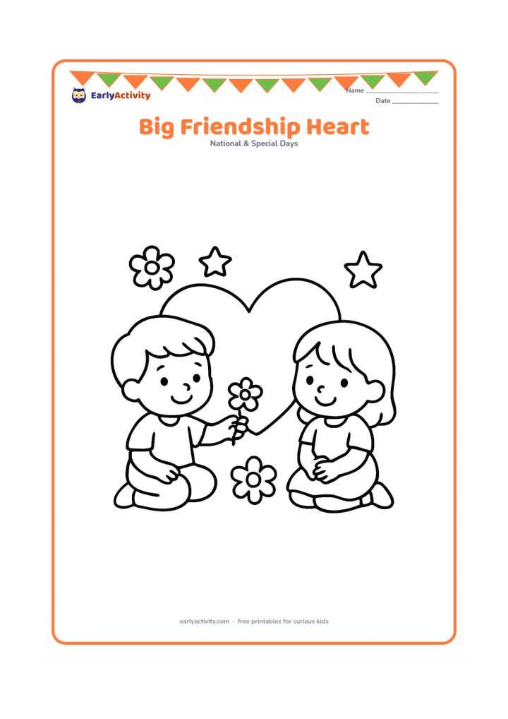 Colouring page: Two smiling children sit beside a large heart-shaped outline surrounded by simple flowers and stars. One child offers the other a small flower.