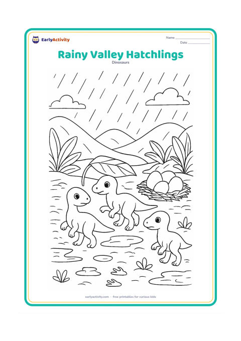Colouring page: Draw three hatchlings travelling through a prehistoric valley during gentle rain, with one carrying a leaf over its back. Add puddles, layered hills, large plants, a nest and three-toed…