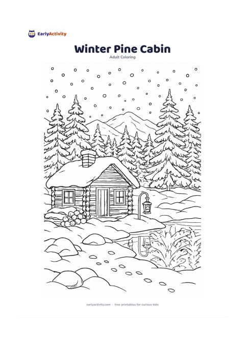Colouring page: Draw a small cabin beside a snowy pine forest, with smoke-free chimney, a woodpile, snow-covered rocks, animal tracks, a lantern and a frozen pond reflecting the trees. Include falling…