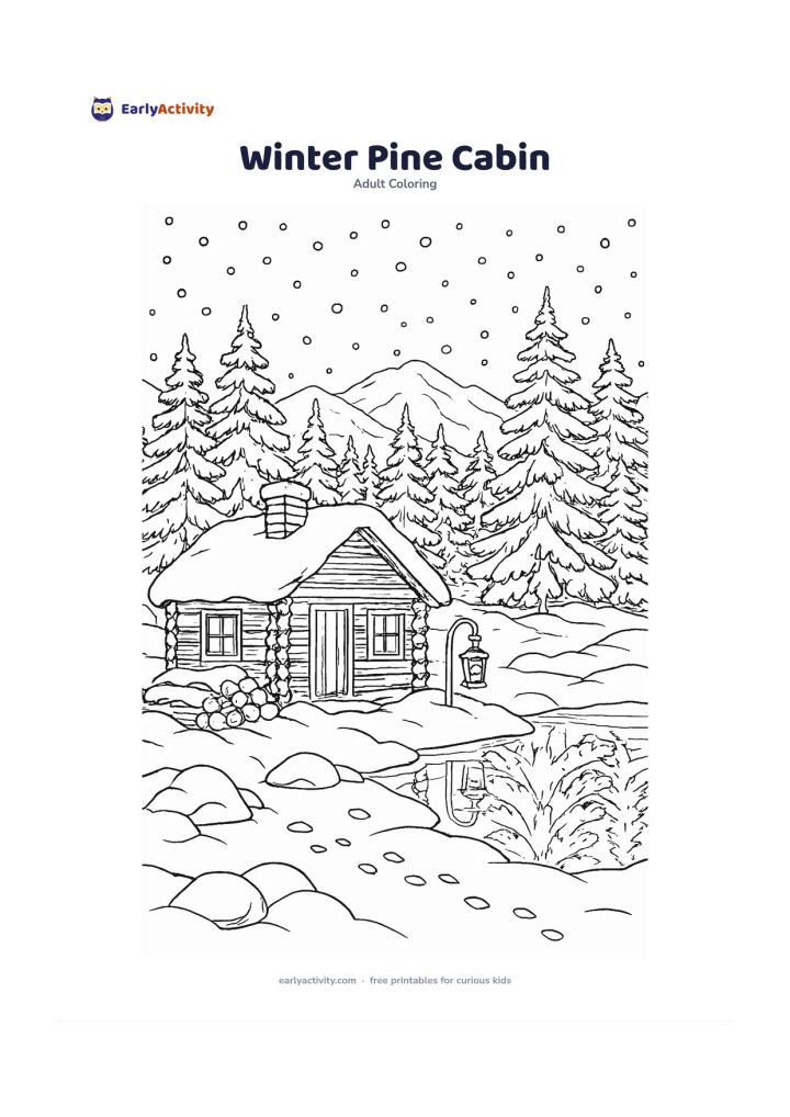 Colouring page: Draw a small cabin beside a snowy pine forest, with smoke-free chimney, a woodpile, snow-covered rocks, animal tracks, a lantern and a frozen pond reflecting the trees. Include falling…