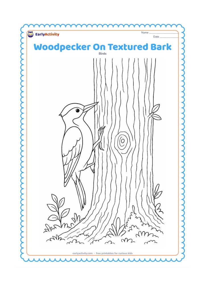 Colouring page: A woodpecker climbs a tall tree trunk and pecks into layered bark. Include detailed bark ridges, a knot in the trunk, small leaves, moss and woodland plants around the lower edge.