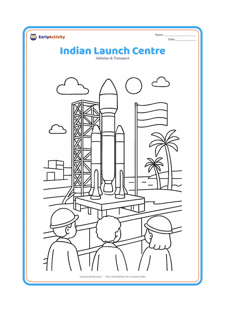 Colouring page: Draw a rocket on a launch tower at an Indian coastal space centre, with palm trees, a distant shoreline, a small Indian tricolour flag without symbols or text and workers observing from…
