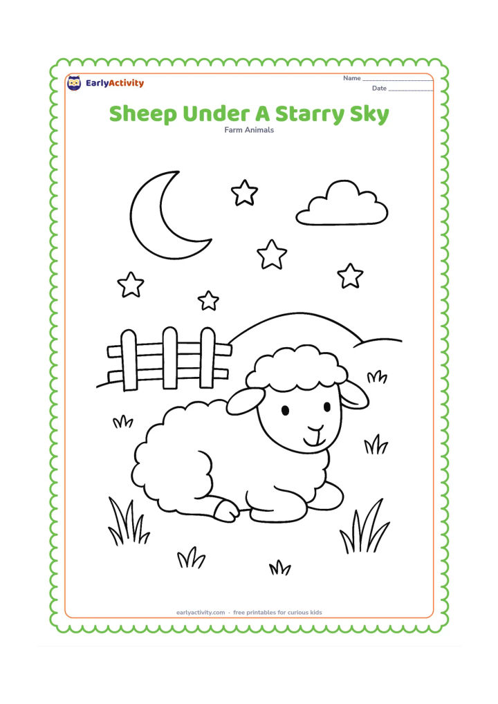 Colouring page: A sheep rests in a quiet meadow beneath a crescent moon and scattered stars, with a fence, grasses and a small hill. Keep the scene peaceful and bright rather than dark or frightening.