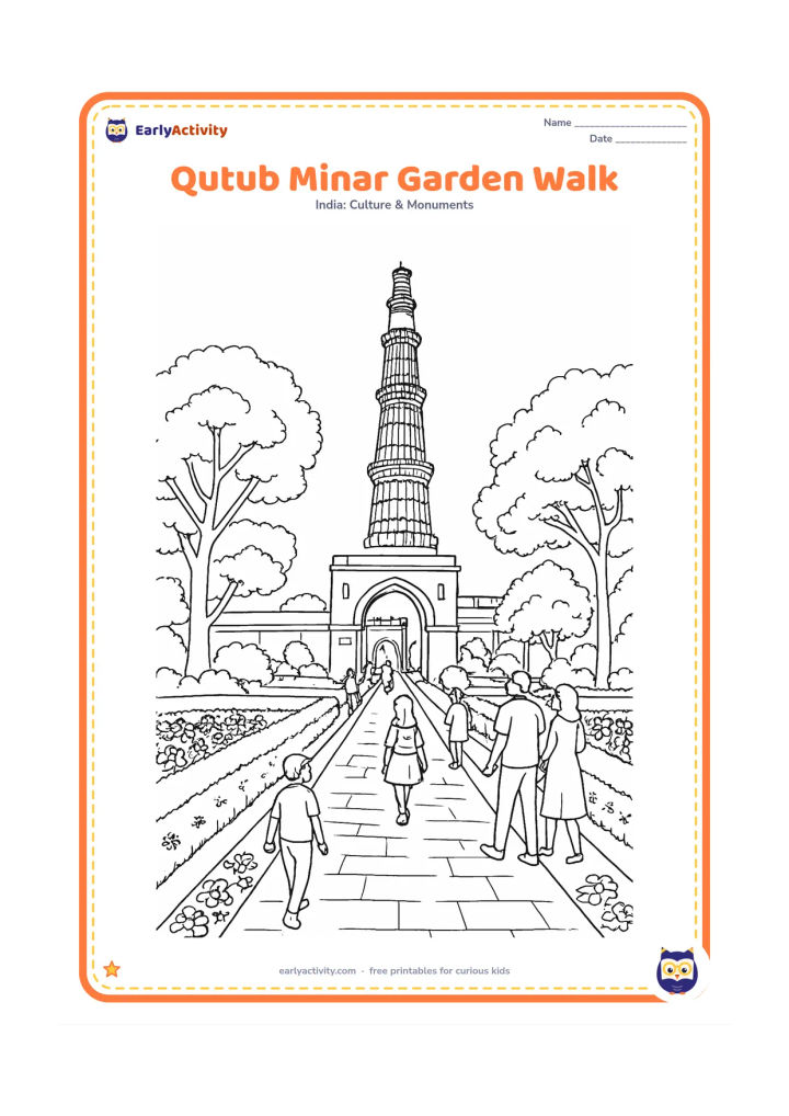 Colouring page: Show a detailed garden path leading toward Qutub Minar, bordered by patterned flower beds, trimmed hedges, trees, and visitors walking in different directions. Include an arch and…