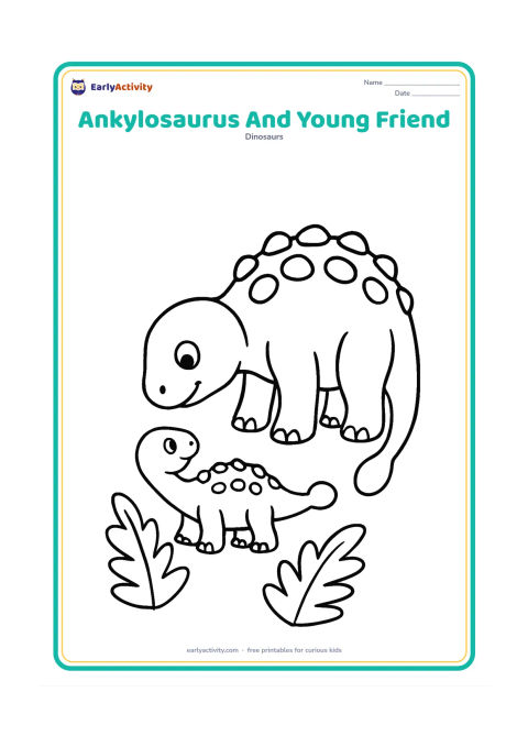 Colouring page: A large Ankylosaurus gently lowers its head toward a much smaller young Ankylosaurus, both standing beside a few broad ferns. Keep both dinosaurs friendly and clearly separated.