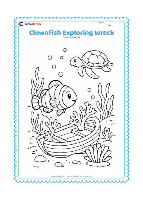 Colouring page: Show a clownfish exploring the safe, rounded remains of a small sunken wooden boat beside its anemone. Add coral growing over the wood, seaweed, bubbles, rocks, and a friendly sea turtle…