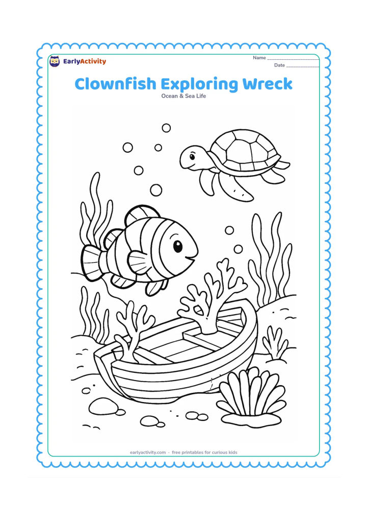 Colouring page: Show a clownfish exploring the safe, rounded remains of a small sunken wooden boat beside its anemone. Add coral growing over the wood, seaweed, bubbles, rocks, and a friendly sea turtle…