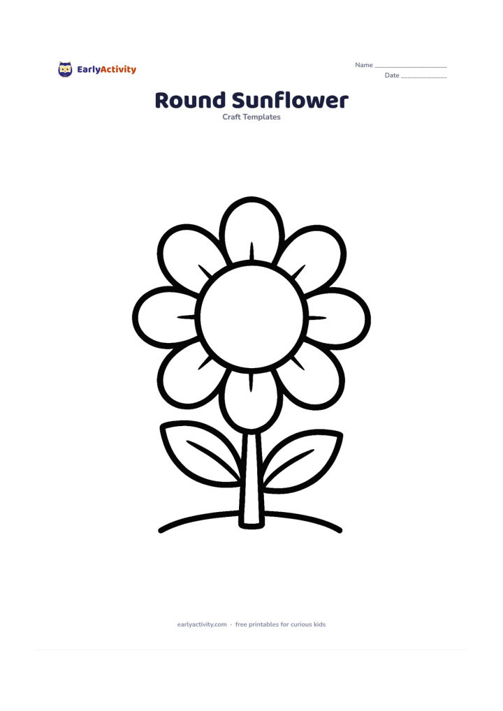 Worksheet: A cheerful sunflower with one large round centre and eight broad petals, standing on a short stem with two chunky leaves. Place it upright in the middle of the page with a simple curved…